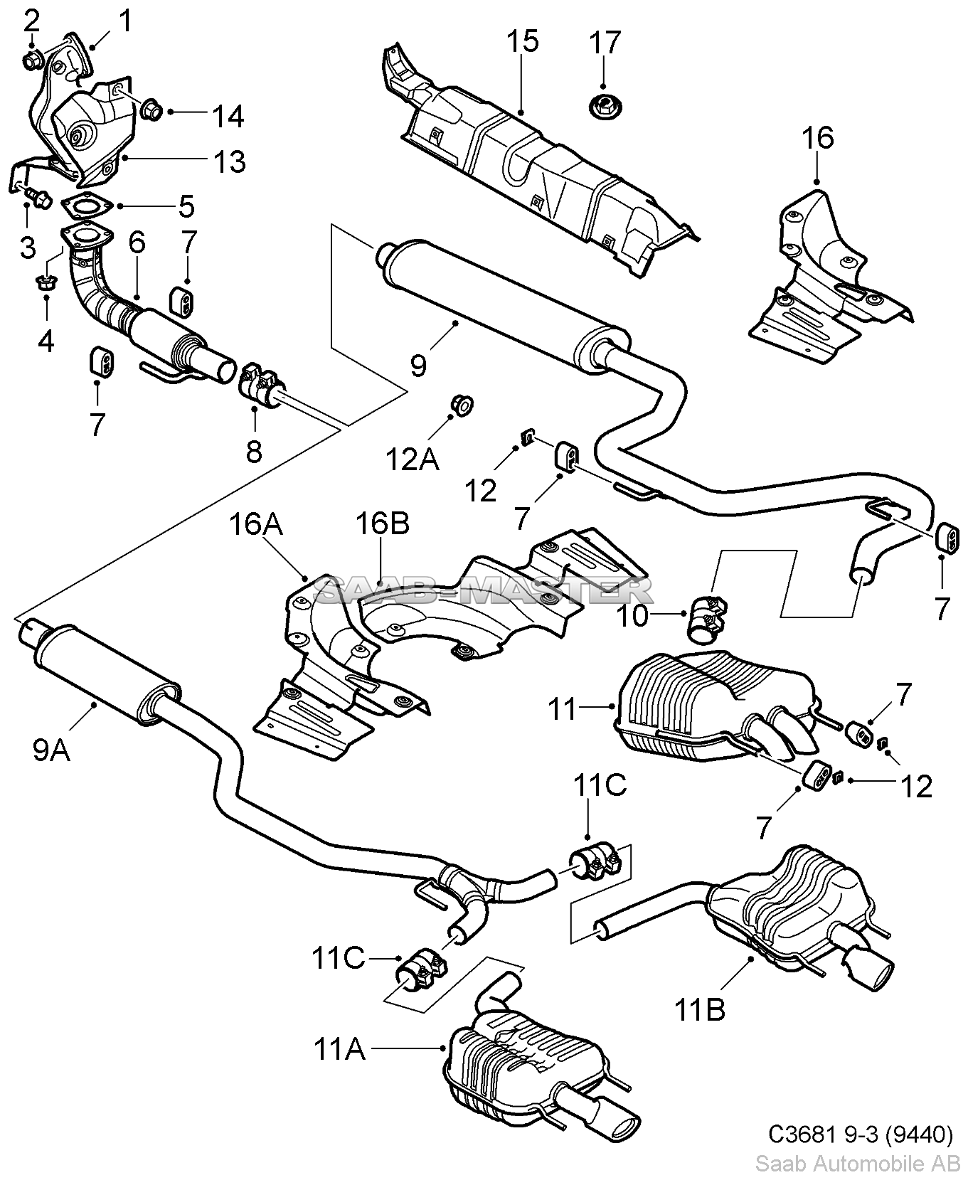 SAAB 9-3 (9440), схема Выхлопная система